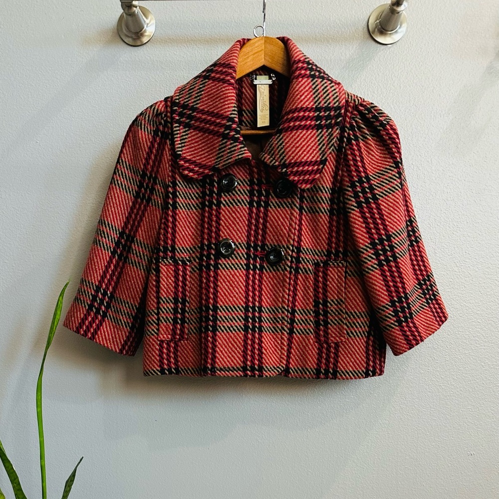 Plaid Wool Crop Coat - Red and Black